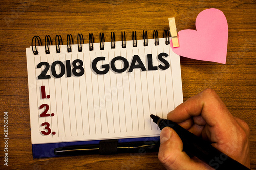 Conceptual hand writing showing 2018 Goals 1. 2. 3.. Business photo text Resolution Organize Beginnings Future Plans Human hand retain black pen notepad with words on paper pink heart