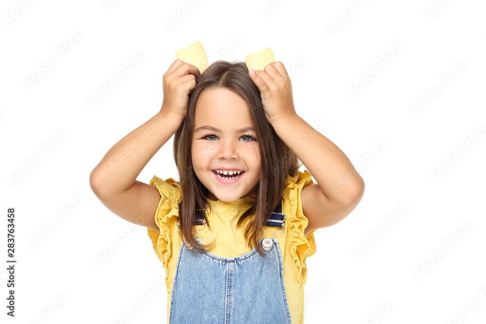 Beautiful little girl with potato chips on white background Beautiful little girl with potato chips on white background