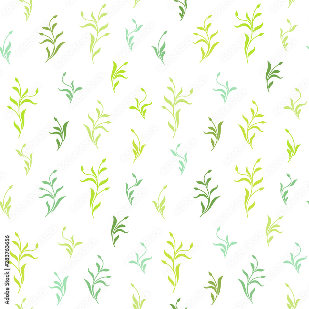 Seamless pattern. Green plants with leaves and buds isolated on white background. Texture for print, wallpaper, home decor, textile, package design