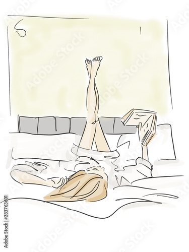Young woman reading book on bed at home. sketch illustration