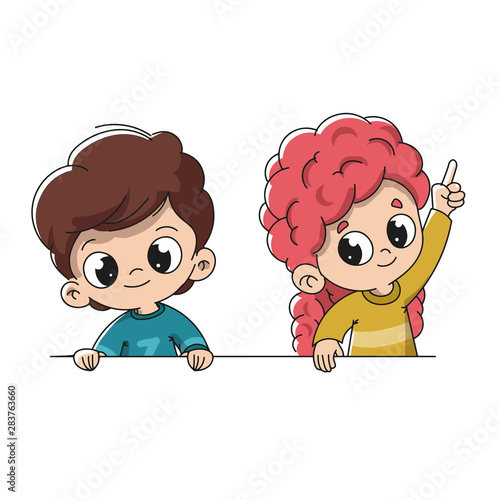 Boy and girl raising their hands