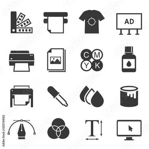Print shop black and white glyph icons set