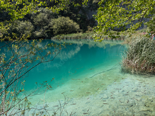 Croatia.. august 2019: Lakes with blue water in the middle of a mountain landscape. National Park Plitvice Lakes