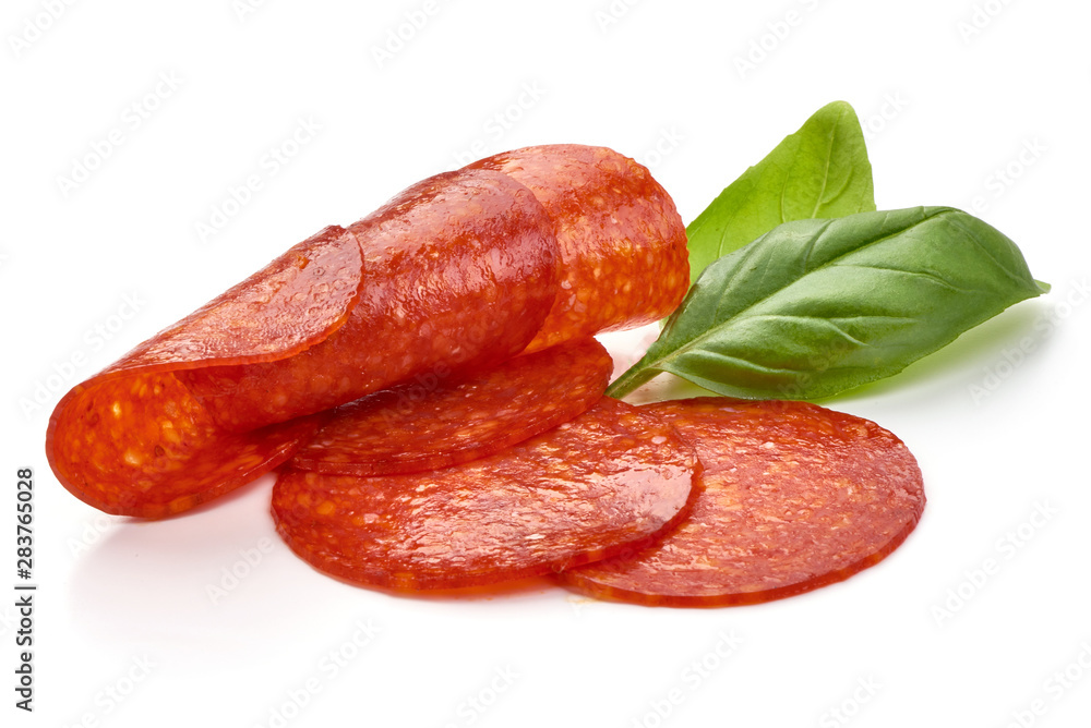 Chorizo sausage slices, Traditional spanish sausage, isolated on white background Chorizo sausage slices, Traditional spanish sausage, isolated on white background