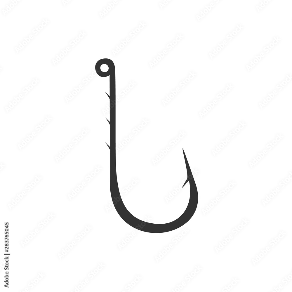 Black long hook with notches isolated on white background. Fishing icon, logo, template. Vector Illustration Black long hook with notches isolated on white background. Fishing icon, logo, template. Vector Illustration