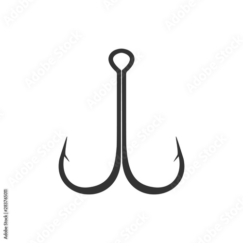 Black double hook isolated on white background. Fishing icon, logo, template. Vector Illustration
