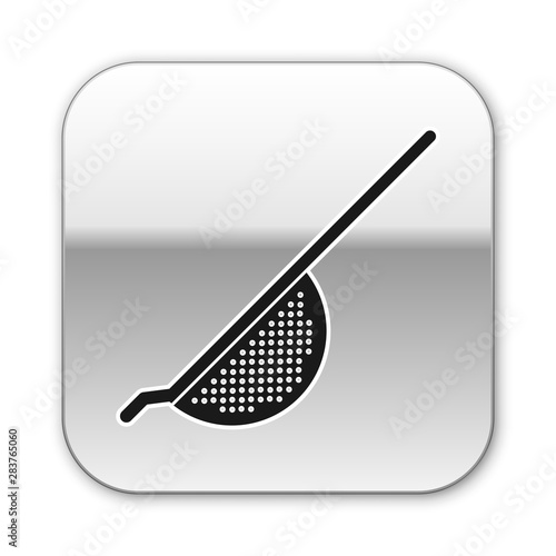 Black Kitchen colander icon isolated on white background. Cooking utensil. Cutlery sign. Silver square button. Vector Illustration