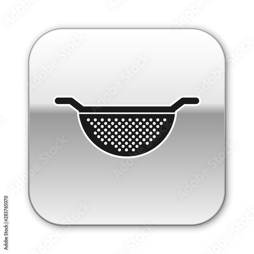 Black Kitchen colander icon isolated on white background. Cooking utensil. Cutlery sign. Silver square button. Vector Illustration