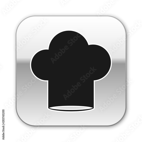 Black Chef hat icon isolated on white background. Cooking symbol. Cooks hat. Silver square button. Vector Illustration