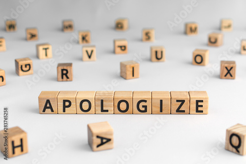 apologize - word from wooden blocks with letters, sorry concept, random letters around, white  background photo