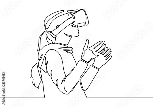 Continuous one line drawing of young girl with virtual reality glasses device minimalist lineart design
