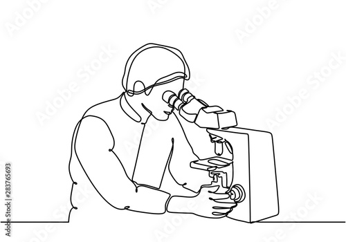Continuous one line drawing person holding microscope minimalist design