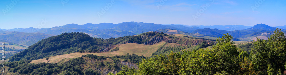 Panorama view of Parco dei Gessi. Farneto, San Lazzaro di Savena, Bologna, Italy