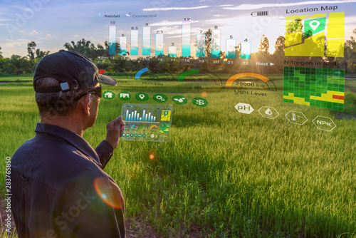 Smart farming with IoT, futuristic agriculture concept : Farmer wears VR or AR glasses while monitoring rainfall, temeprature, humidity, soil pH with immersive experience on digital holographic screen photo