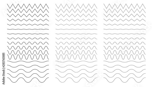 Curvy and zigzag line. Different thin line wave. Squiggle vector curve. Sinus dot amplitude. Dotted rows. Corrugated wavy sequence. Sine waveform
