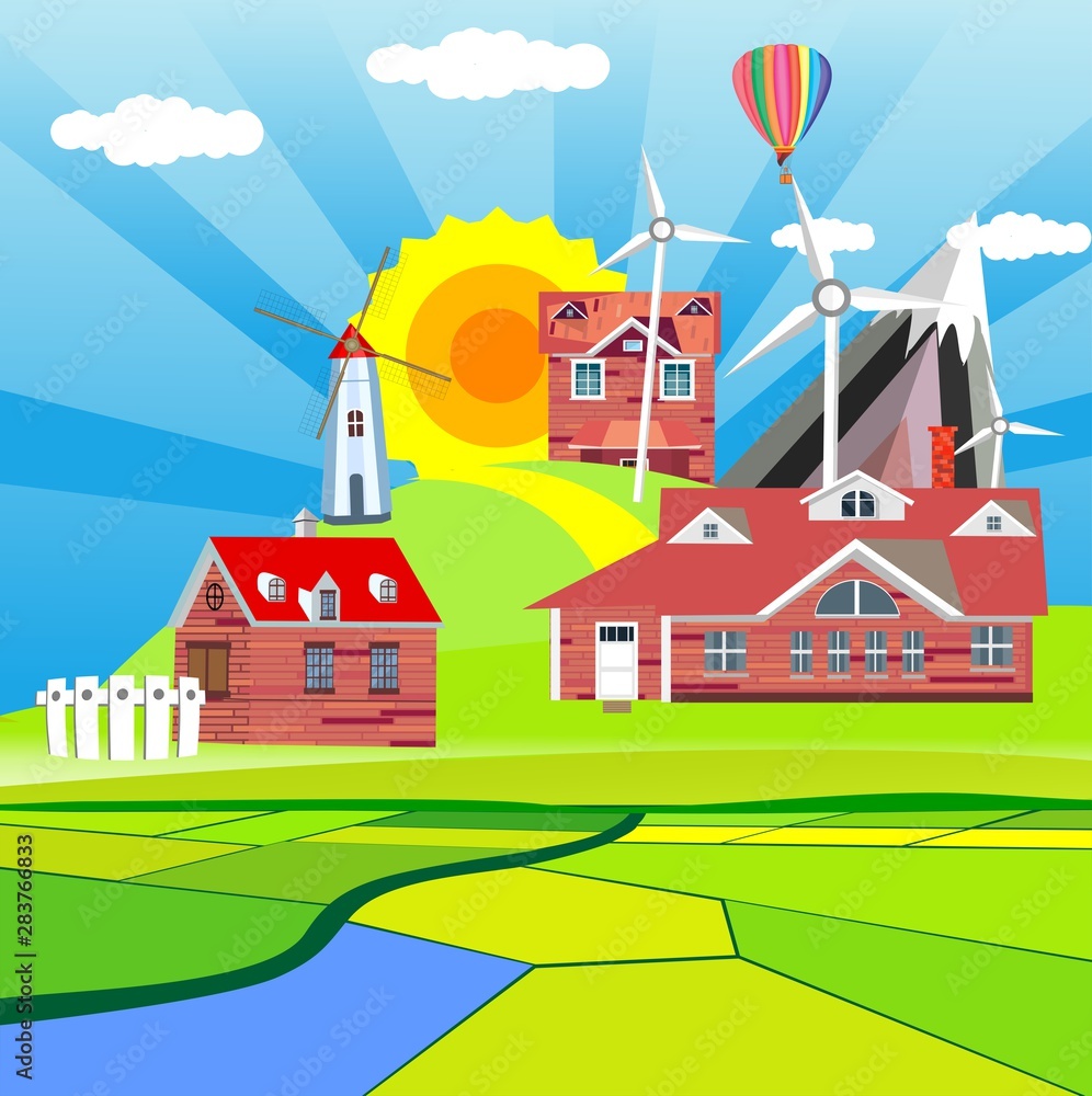 Vector illustration of a beautiful  countryside scene cultivated fields with farm houses and air baloon, wind turbines