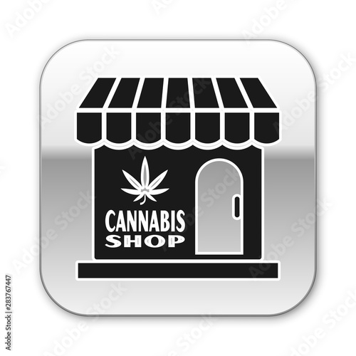 Black Marijuana and cannabis store icon isolated on white background. Equipment and accessories for smoking, storing medical cannabis. Silver square button. Vector Illustration