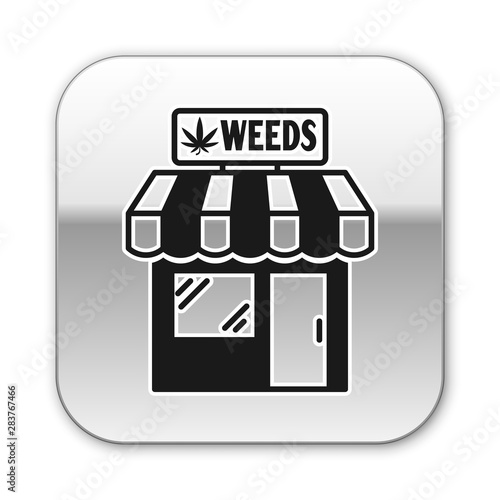 Black Marijuana and cannabis store icon isolated on white background. Equipment and accessories for smoking, storing medical cannabis. Silver square button. Vector Illustration