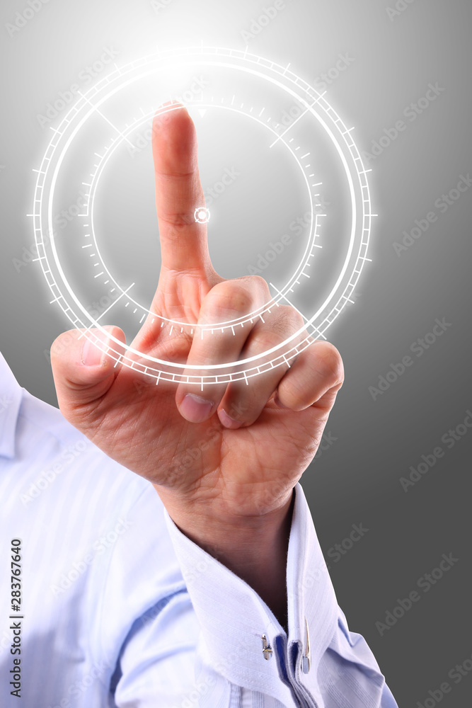hand pushing virtual button on digital touch screen hand pushing virtual button on digital touch screen