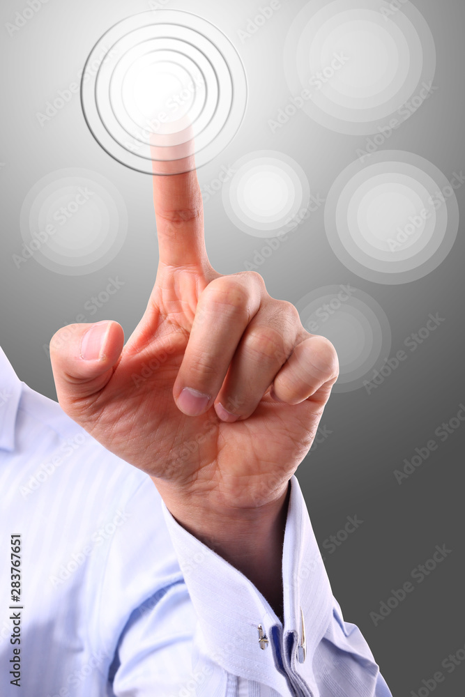 hand pushing virtual button on futuristic holographic screen hand pushing virtual button on futuristic holographic screen