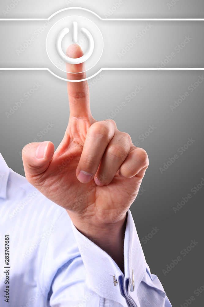 hand pushing switch on virtual button on futuristic holographic screen hand pushing switch on virtual button on futuristic holographic screen