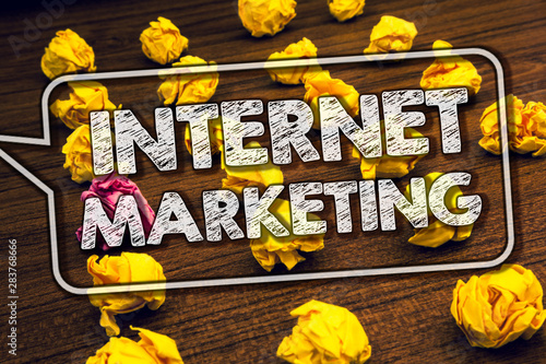 Writing note showing Internet Marketing. Business photo showcasing Online Commerce Networking Entrepreneur Entrepreneurship Timbered ground serially laid yellow paper lumps white words photo