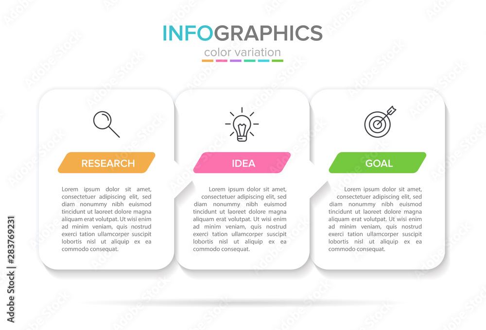 Concept of arrow business model with 3 successive steps. Three colorful rectangular elements. Timeline design for brochure, presentation. Infographic design layout. Concept of arrow business model with 3 successive steps. Three colorful rectangular elements. Timeline design for brochure, presentation. Infographic design layout.