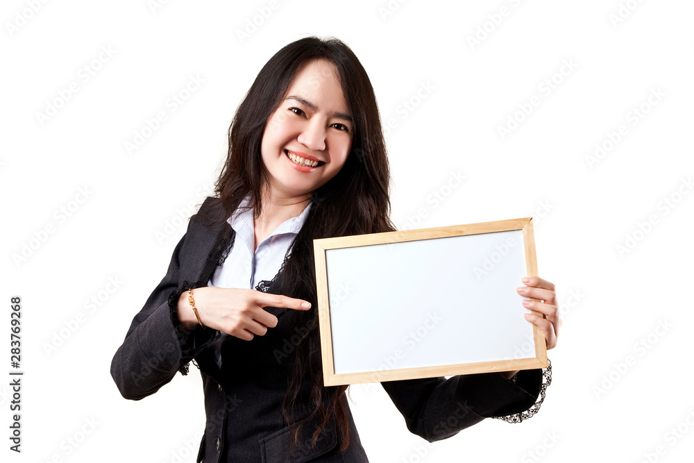 Business woman holding a blank white board Business woman holding a blank white board