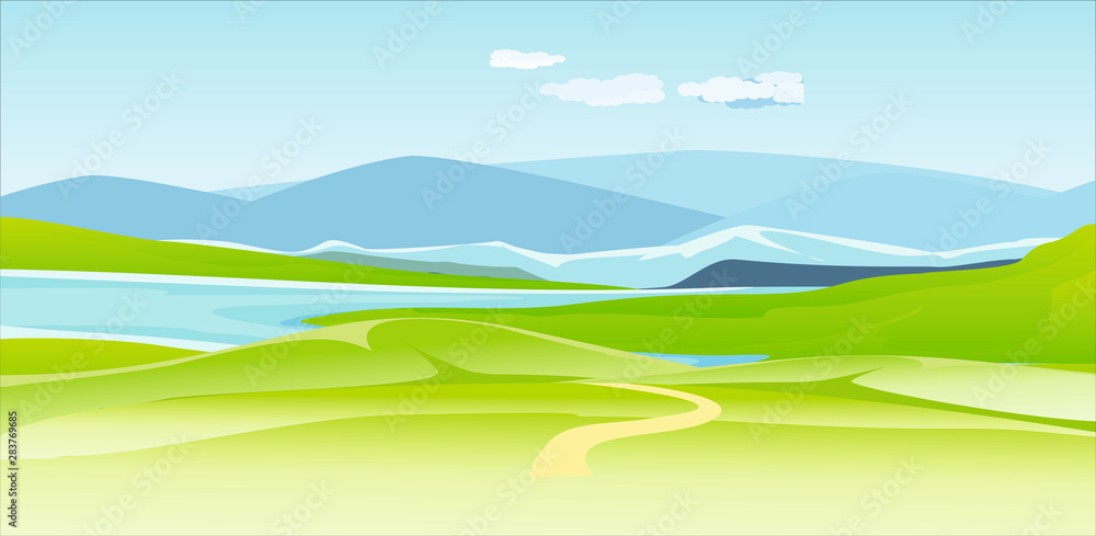 Vector illustration of a beautiful nature scene in river valley and green fields, blue mountains in horizon Vector illustration of a beautiful nature scene in river valley and green fields, blue mountains in horizon