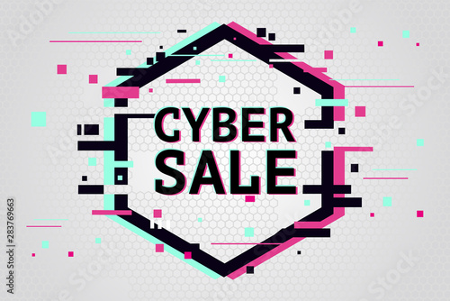 Cyber monday background with glitch effect. Promo sale horizontal banner design. Abstract vector illustration with geometric shape.