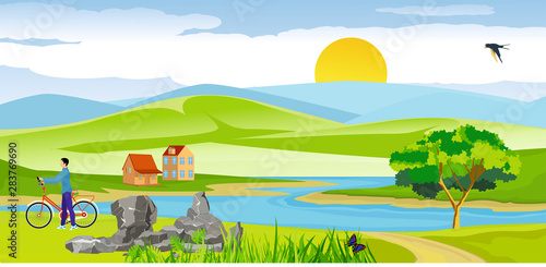 Vector illustration of a beautiful nature scene in river, little houses valley and green fields, blue mountains in horizon