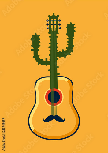 Mexican party poster with guitar and cactus. Latino live show vector illustration. Cinco de mayo symbol.