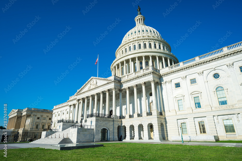 United States Capitol building Washington DC USA scenic view with summer green grass surrounding the entrance staircase under clear blue sky
