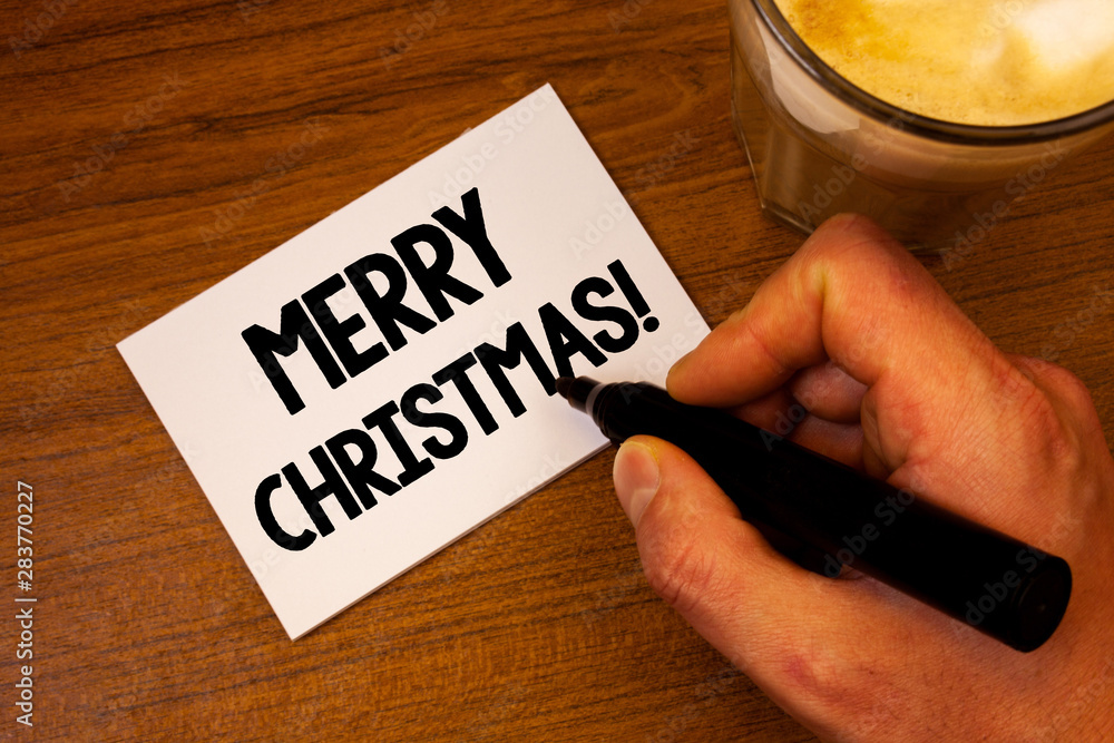 Conceptual hand writing showing Merry Christmas Motivational Call. Business photo text Holiday Season Celebration December Text white paper hand black marker coffee glass letter Conceptual hand writing showing Merry Christmas Motivational Call. Business photo text Holiday Season Celebration December Text white paper hand black marker coffee glass letter