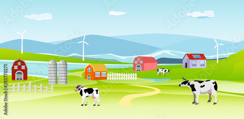Vector illustration of a beautiful  countryside scene in river valley with farm houses and grazing cow and green fields