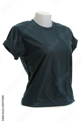 Dark green color female tshirt template on the mannequin