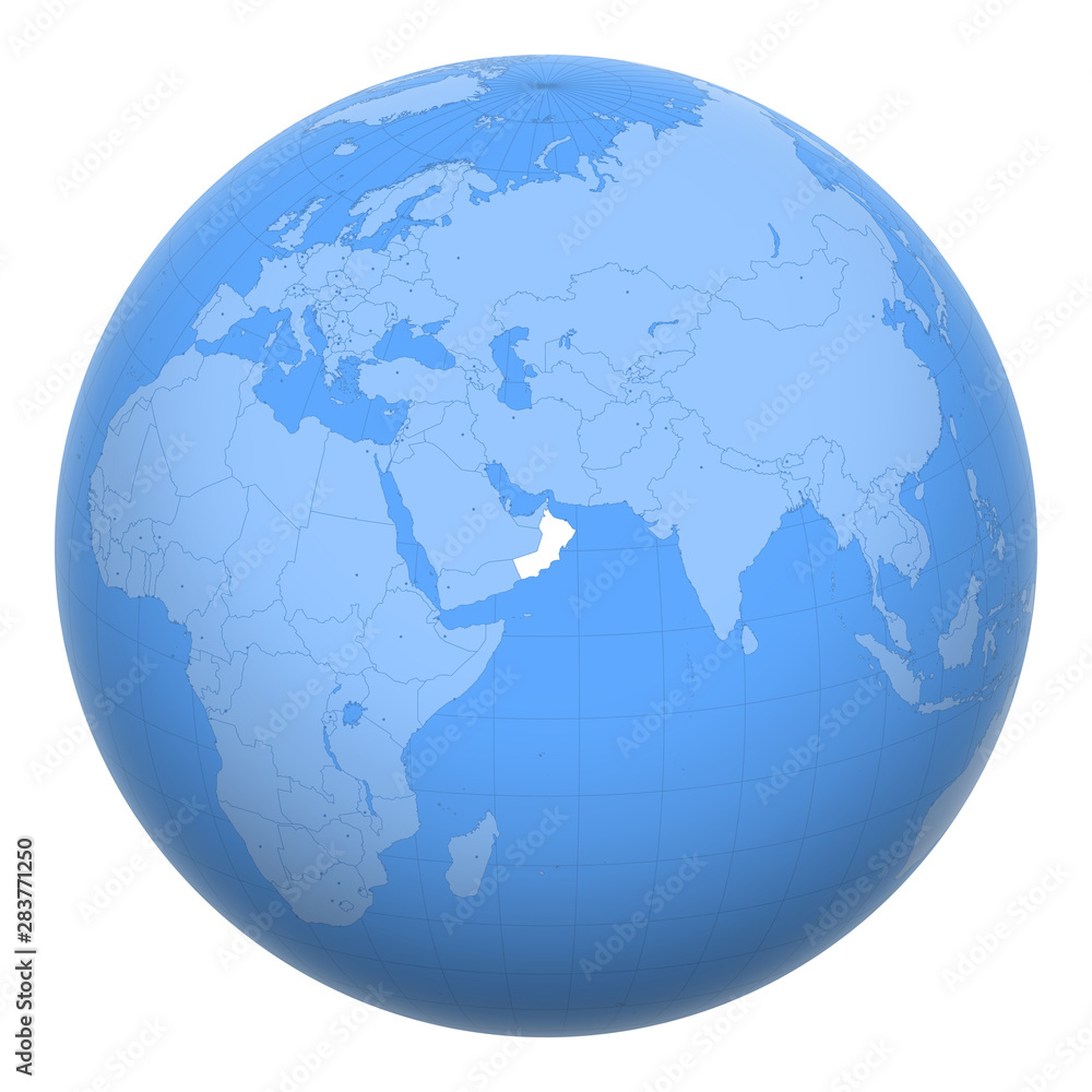Oman on the globe. Earth centered at the location of the Sultanate of Oman. Map of Oman. Includes layer with capital cities.