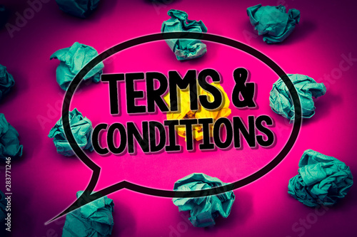 Handwriting text Terms and Conditions. Concept meaning Legal Law Agreement Disclaimer Restrictions Settlement Huge emerald paper lobs surroundes yellow paper ball magenta color floor photo