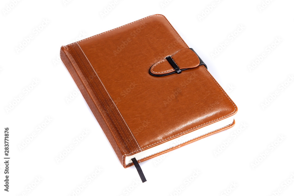 Brown leather notebook on a white background Brown leather notebook on a white background