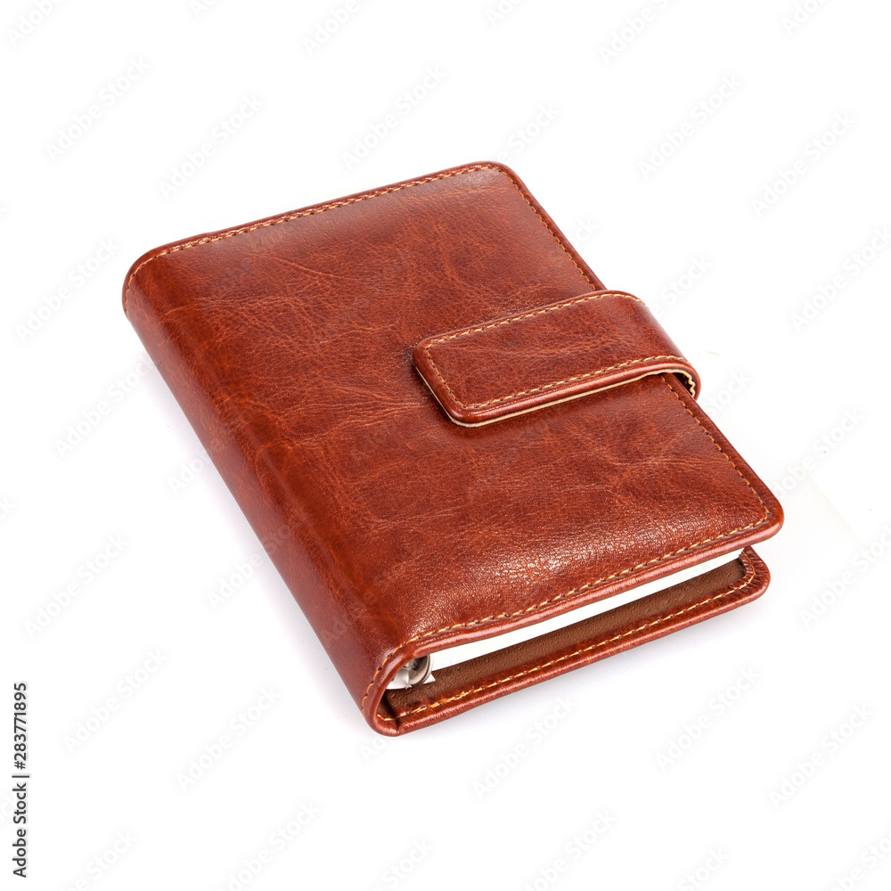 Brown leather notebook on a white background Brown leather notebook on a white background