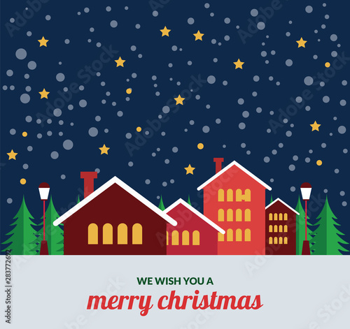 Merry Christmas town illustration with cute houses, night sky and flying Santa Claus. Vector greeting card template in in flat style