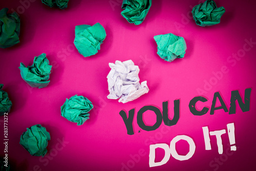 Writing note showing You Can Do It Motivational Call. Business photo showcasing Inspirational Message Motivational Positive Text Words pink background crumbled paper notes stress written angry