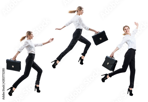 Collage of happy business woman in formal wear jumping with briefcase.