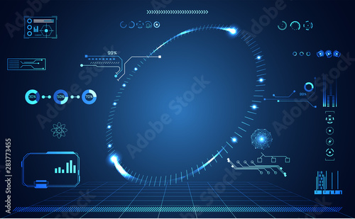 abstract technology ui futuristic concept hud interface hologram elements of digital data chart, communication, computing and circle percent vitality innovation on hi tech future design background