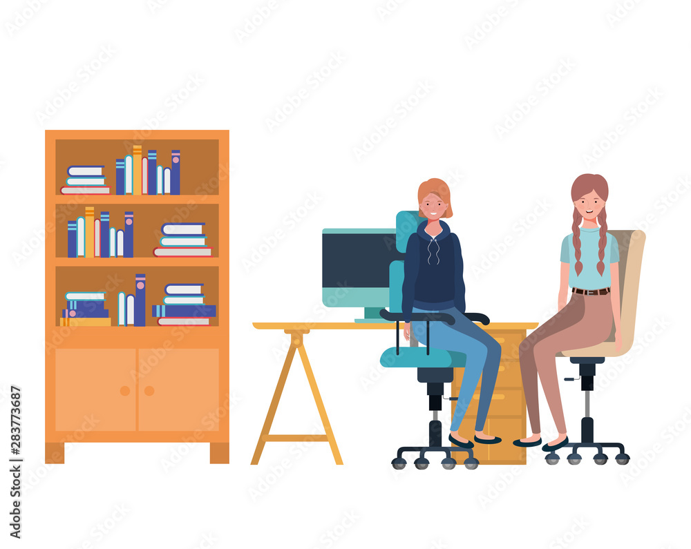 women sitting in the work office with white background women sitting in the work office with white background