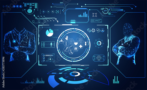 abstract health medical science consist doctor digital futuristic virtual hologram treatment,medicine and communication system link connection on  hi tech blue background.Vector