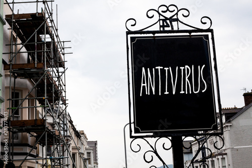 Word writing text Antivirus. Business concept for Safekeeping Barrier Firewall Security Defense Protection Surety Vintage black board sky old city vintage antique ideas message scaffolding