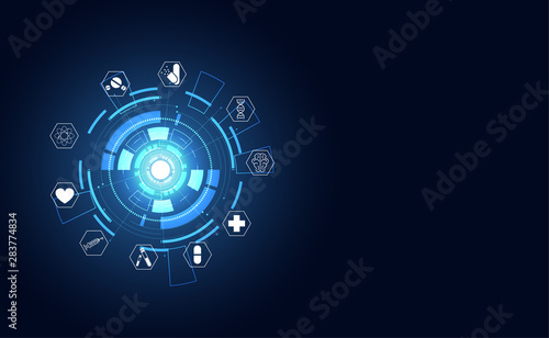 Abstract technology health icon pattern medical health care on hexagon on hi tech future blue background.