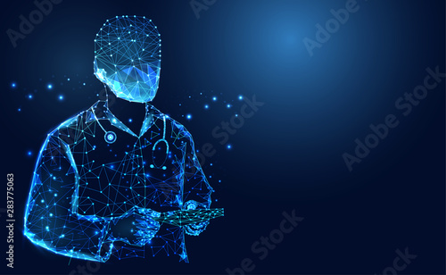 Abstract health medical science consist doctor digital wireframe concept modern medical technology,Treatment,medicine on blue background. for template, web design or presentation.