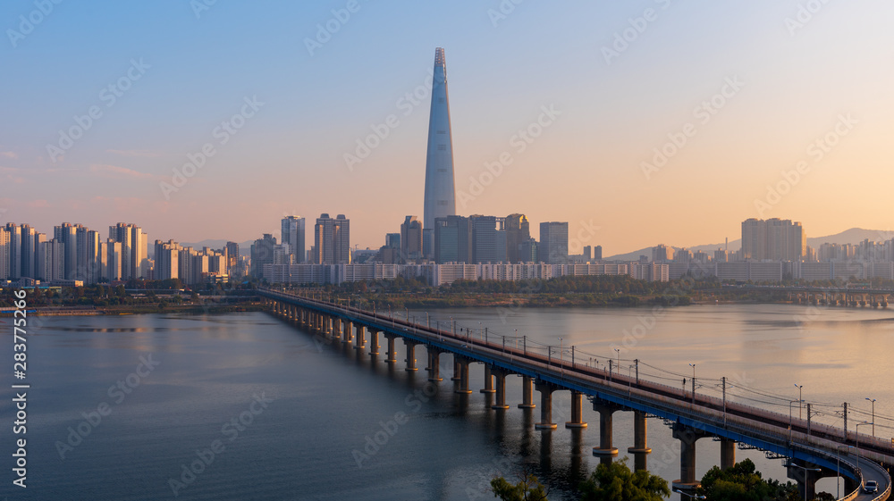 Sunset of Seoul Subway and Lotte Tower, South korea
